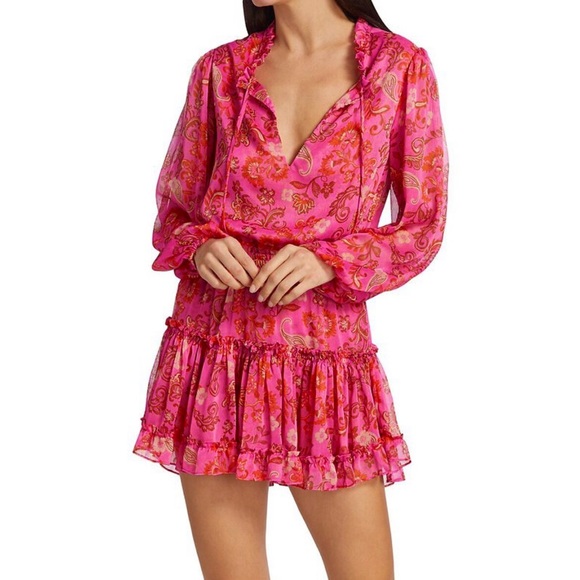 Misa Los Angeles Dresses & Skirts - Misa Los Angeles Lorena Pink Carayes Floral Smocked Tasseled Mini Dress